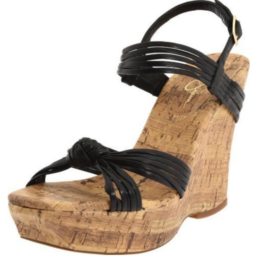 Jessica Simpson Major statement shoes. Tall cork wedge w/multiple black straps.